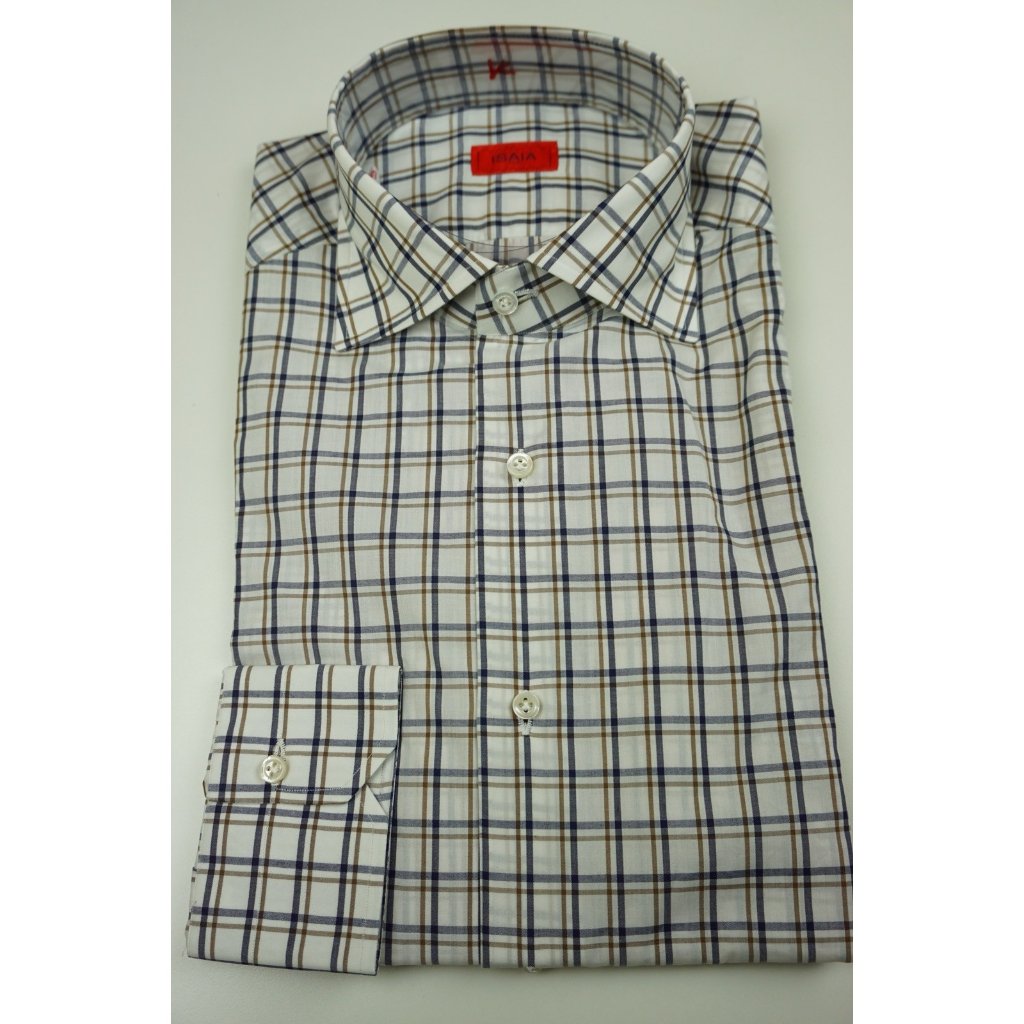 Isaia White Navy Cinnamon Plaid Long Sleeve Cotton Dress Shirt 15.5/39 New